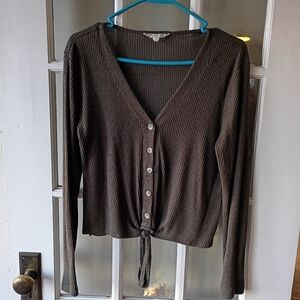 Pink Rose Green Ribbed Button-Up Blouse Medium